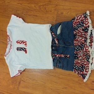 Girl's Tee-shirt & jeans skirt set Texas USA style White Blue Si